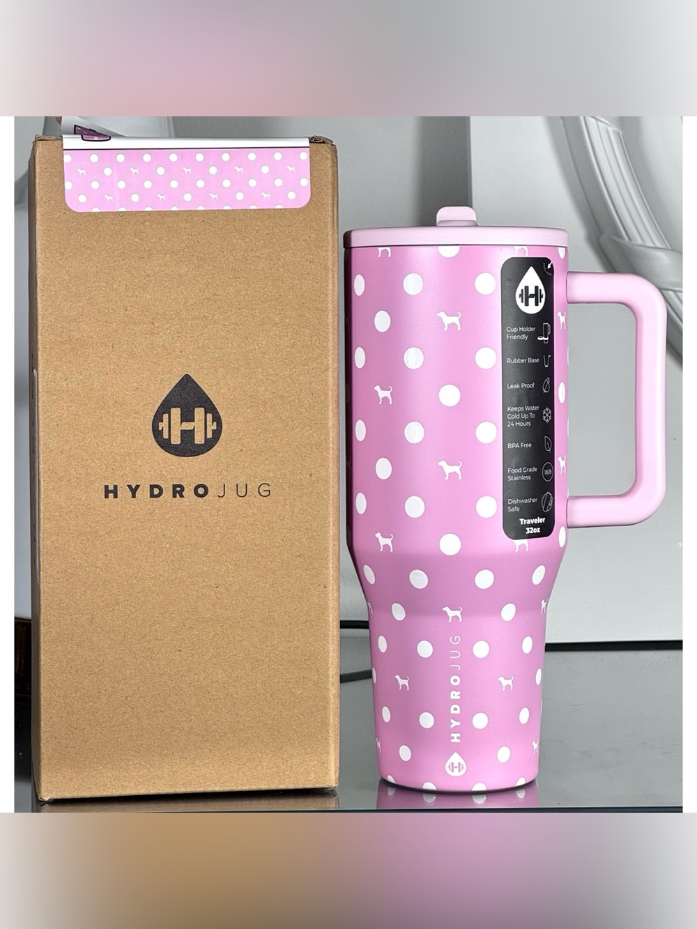Hydrojug x VS PINK 32oz Traveler, PINK DOT DOG